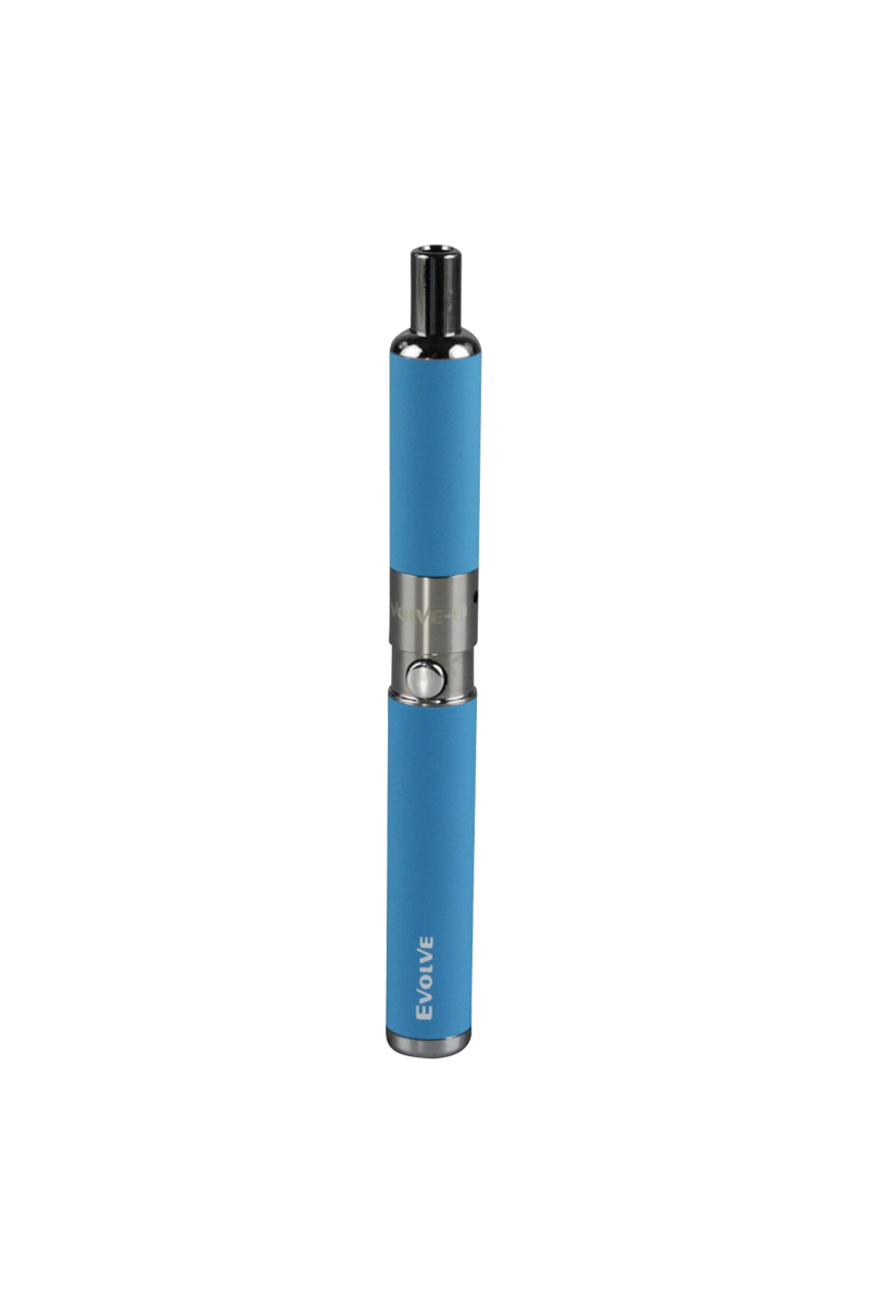 Centered front view of the blue Yocan Evolve-D Dry Herb Vaporizer Pen showing its metallic mouthpiece, single button, and EVOLVE logo.