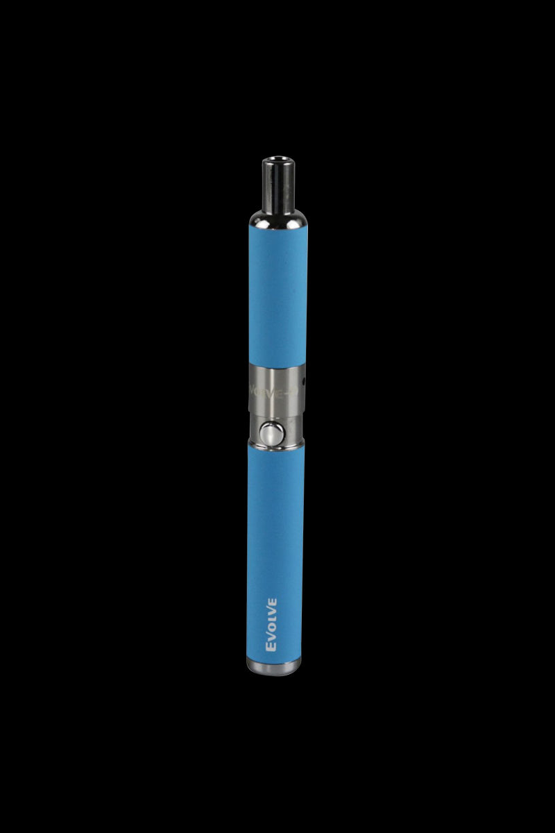 Centered front view of a blue Yocan Evolve-D Dry Herb Vaporizer Pen on a black background, showing its metallic button and mouthpiece.