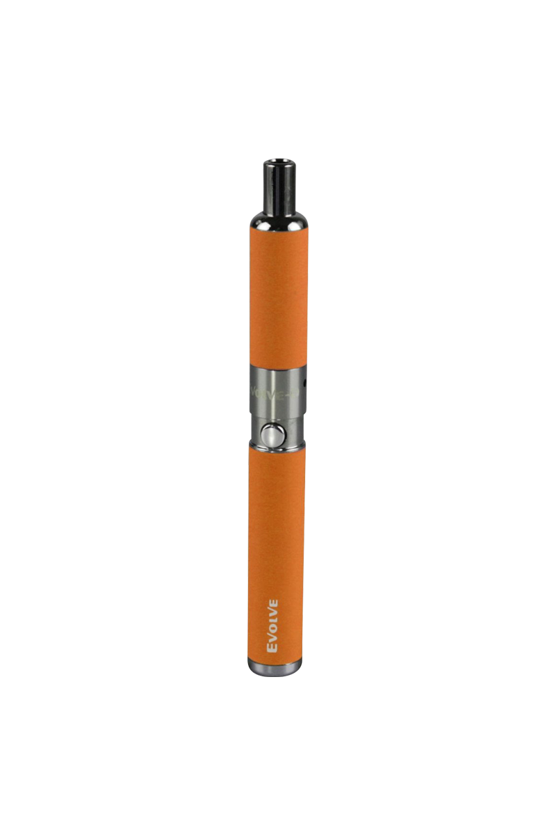 Straight-on view of an orange Yocan Evolve-D Dry Herb Vaporizer Pen showing its stainless mouthpiece, central control button, and "EVOLVE" branding.