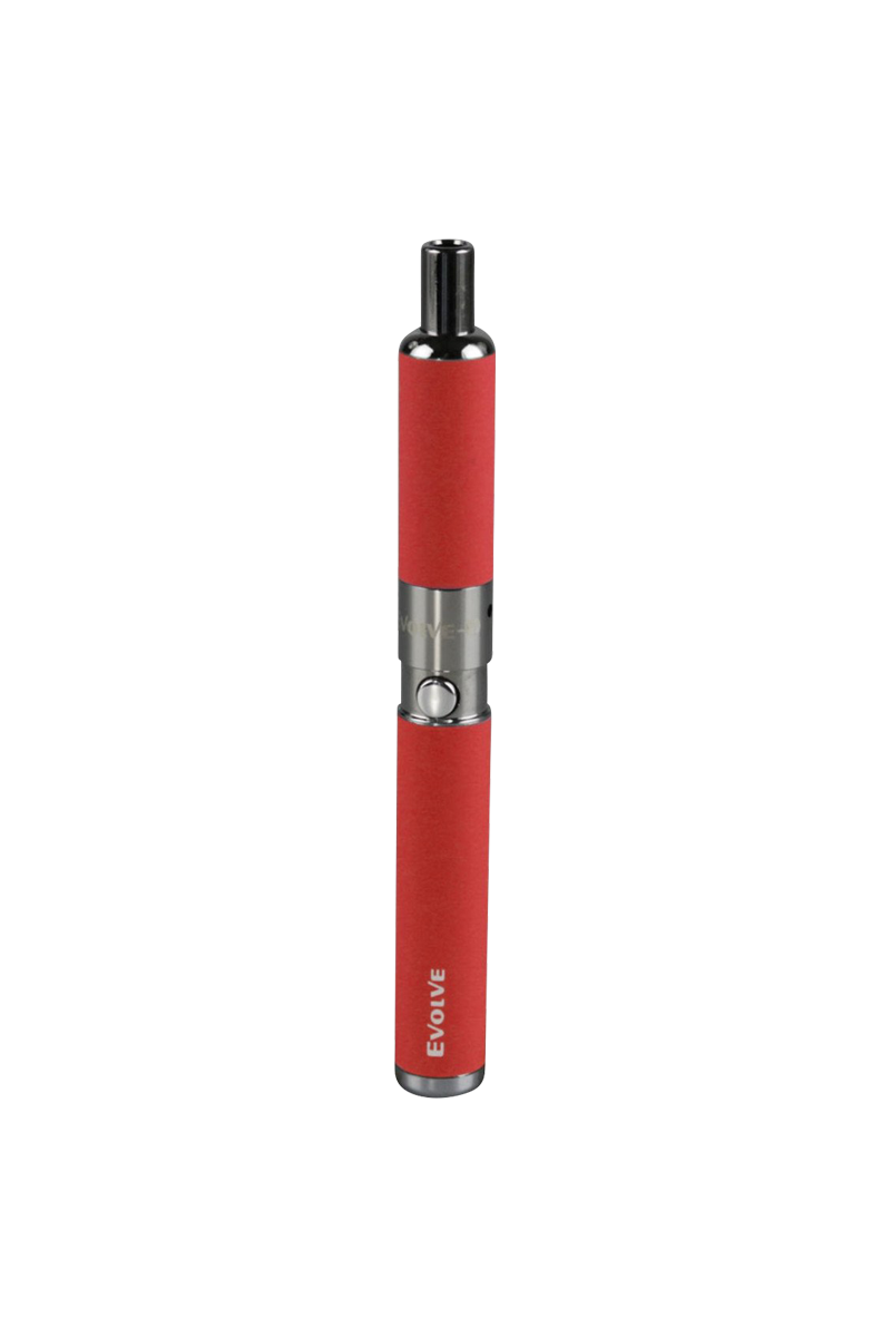 Centered vertical studio shot of the red Yocan Evolve-D Dry Herb Vaporizer Pen against a white background, showing its chrome mouthpiece and single button.