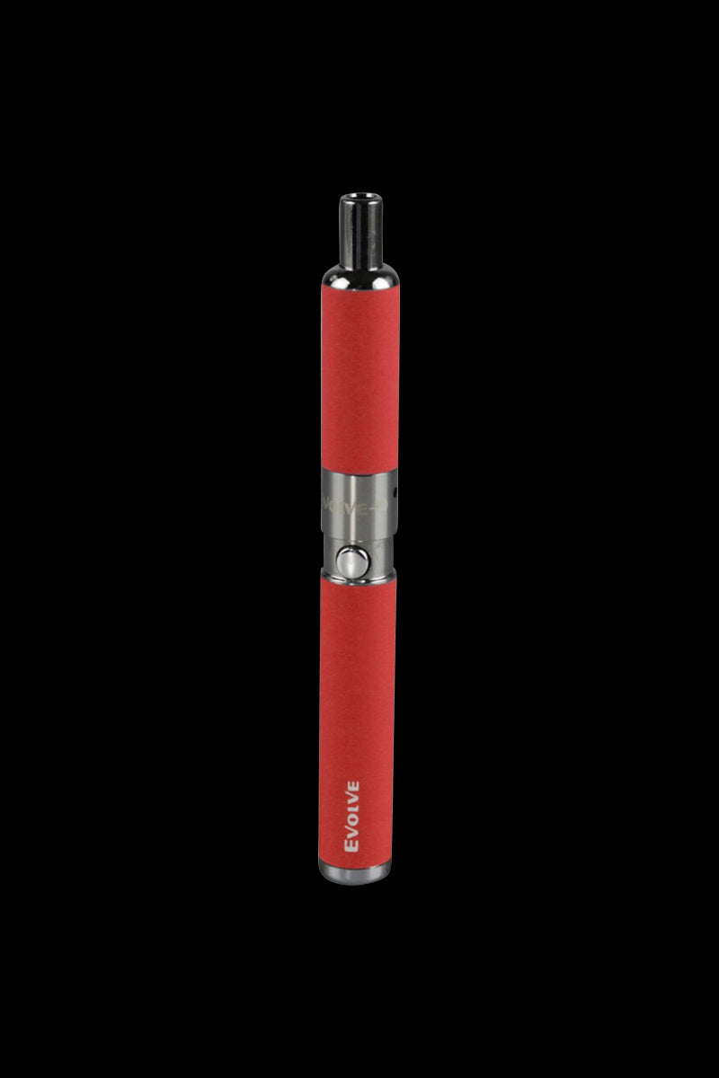 Centered front view of the orange Yocan Evolve-D Dry Herb Vaporizer Pen against a black background, showing its metal mouthpiece, single button, and textured body.