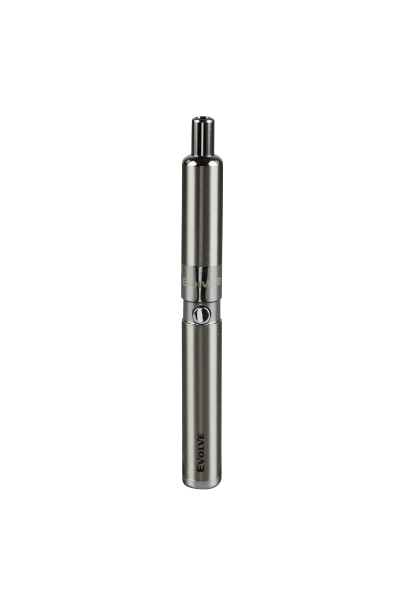 Straight-on studio shot of a stainless steel Yocan Evolve-D Dry Herb Vaporizer Pen standing upright on a white background.
