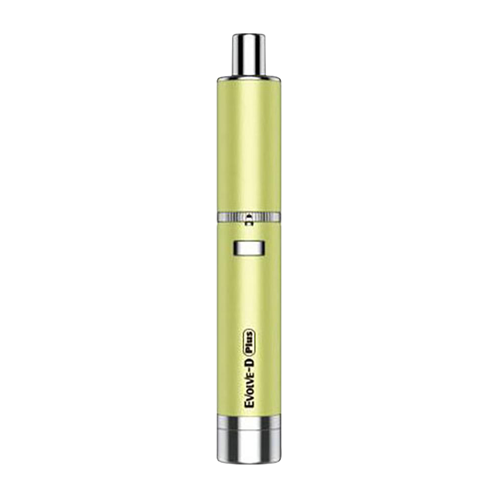 Straight-on view of a lime green Yocan Evolve-D Plus Dry Herb Pen Vaporizer standing upright on a white background, showing its chrome mouthpiece, power button, and printed model name.