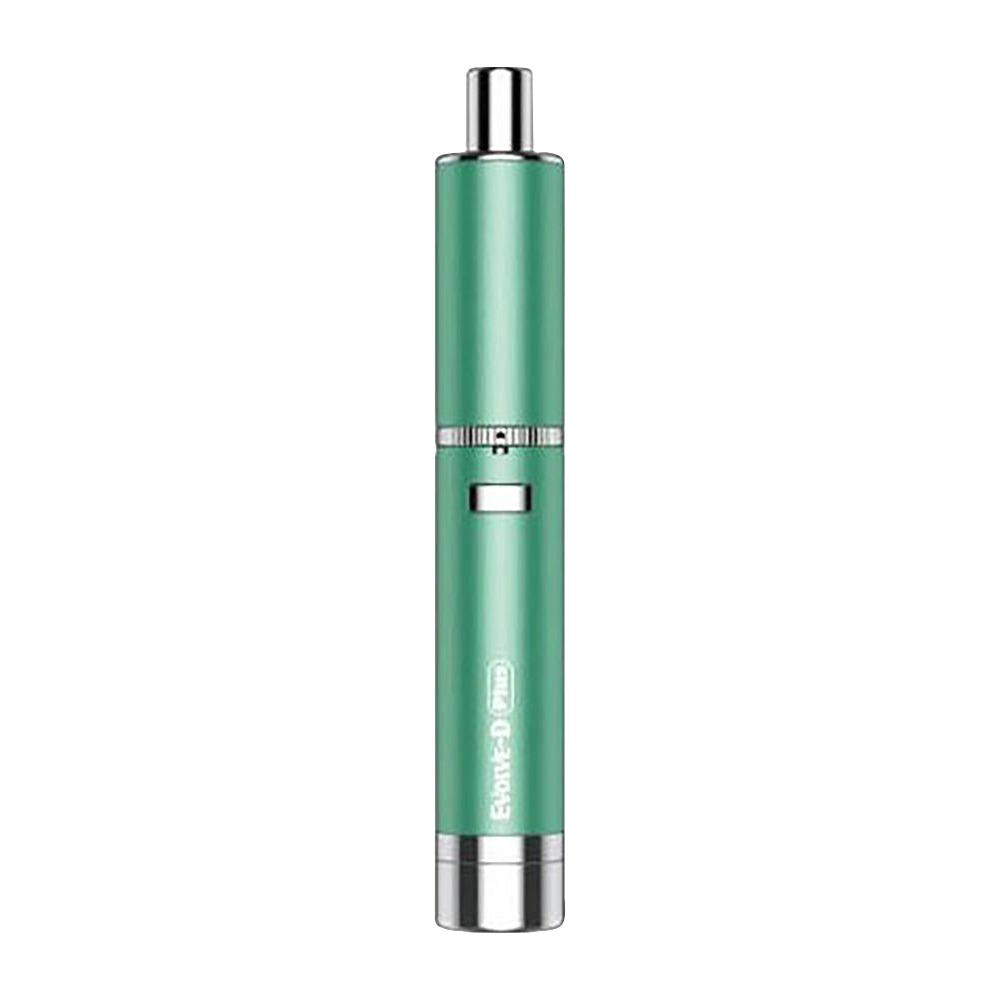 Centered vertical view of a mint-green Yocan Evolve-D Plus Dry Herb Pen Vaporizer with chrome accents against a white background