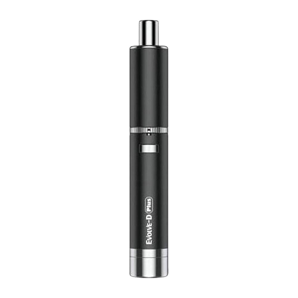 Straight-on product shot of the black Yocan Evolve-D Plus Dry Herb Pen Vaporizer standing upright on a white background.