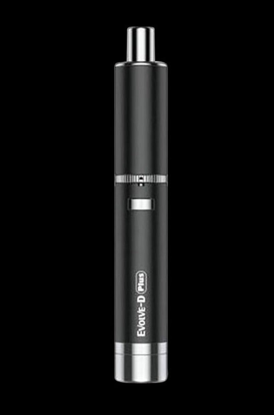 Centered vertical front view of the Champagne Yocan Evolve-D Plus Dry Herb Pen Vaporizer against a black background.