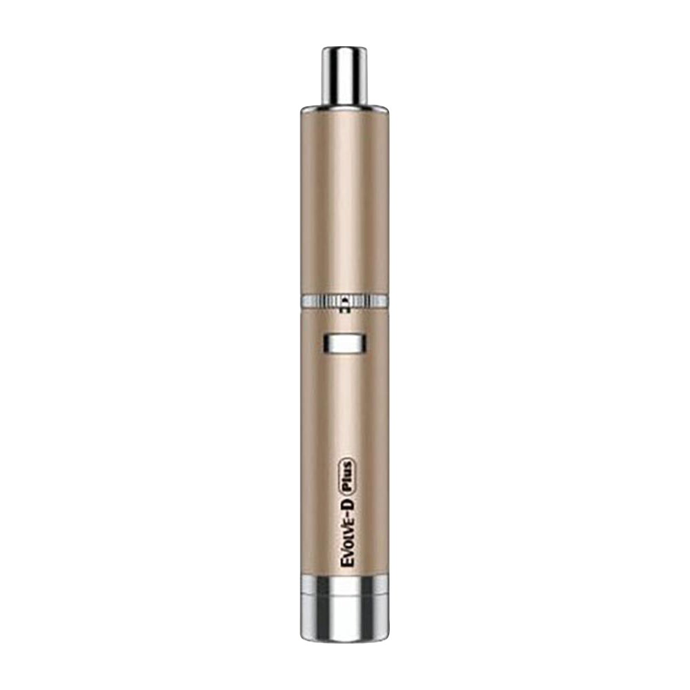 Straight-on view of a gold Yocan Evolve-D Plus Dry Herb Pen Vaporizer with chrome mouthpiece and base visible against a white background