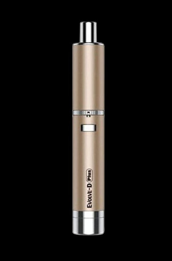 Straight-on view of a cylindrical Azure Green Yocan Evolve-D Plus Dry Herb Pen Vaporizer centered against a black background, showing its metallic mouthpiece, rectangular button, and logo.