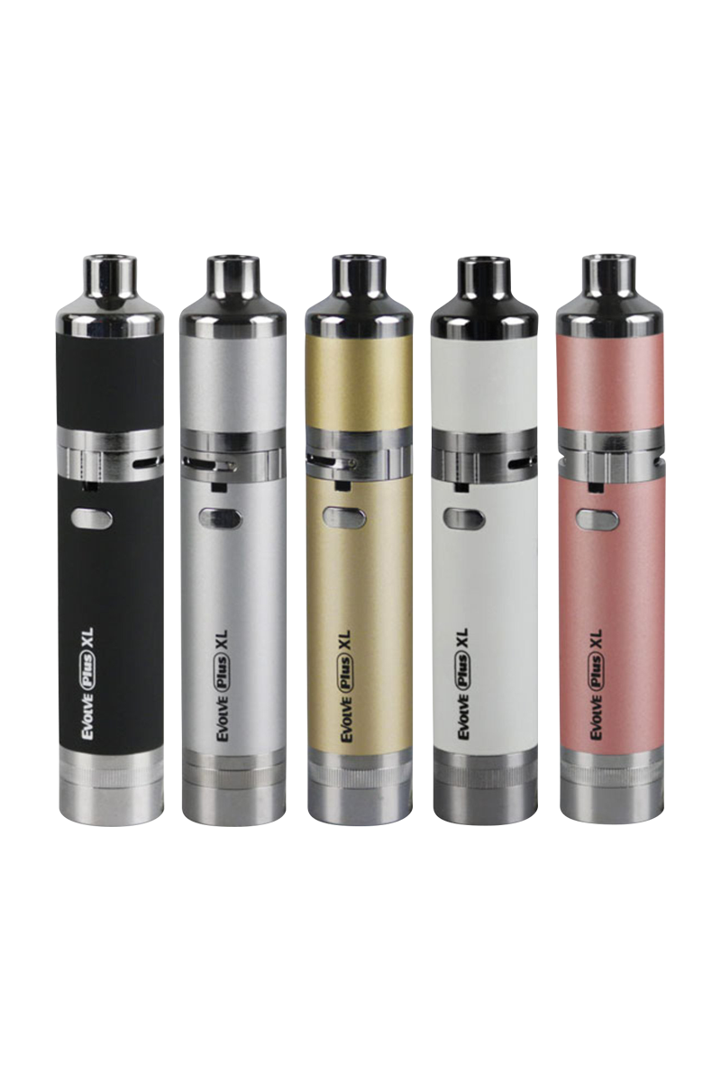 Row of five upright Yocan Evolve Plus XL vaporizers in black, silver, gold, white, and pink shown front-on with soft studio lighting.