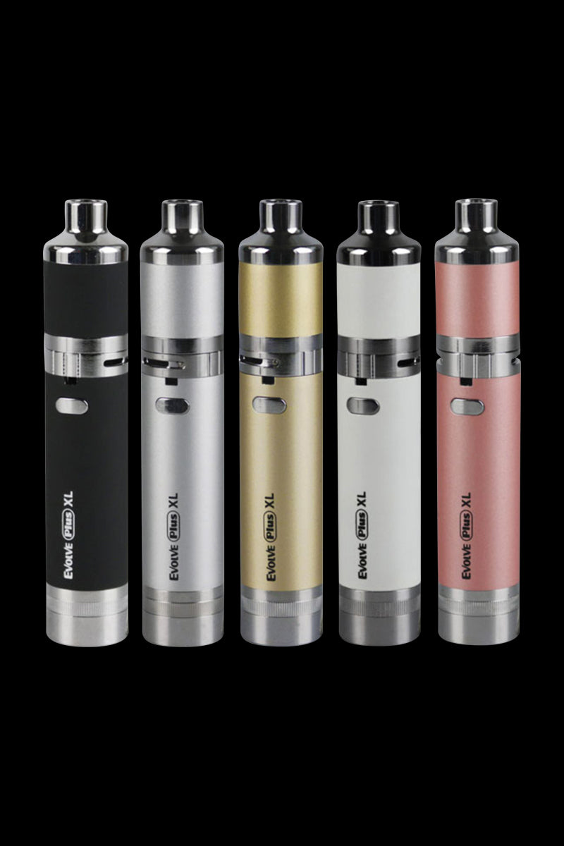 Row of five upright Yocan Evolve Plus XL vaporizers in black, silver, gold, white, and rose against a black background.