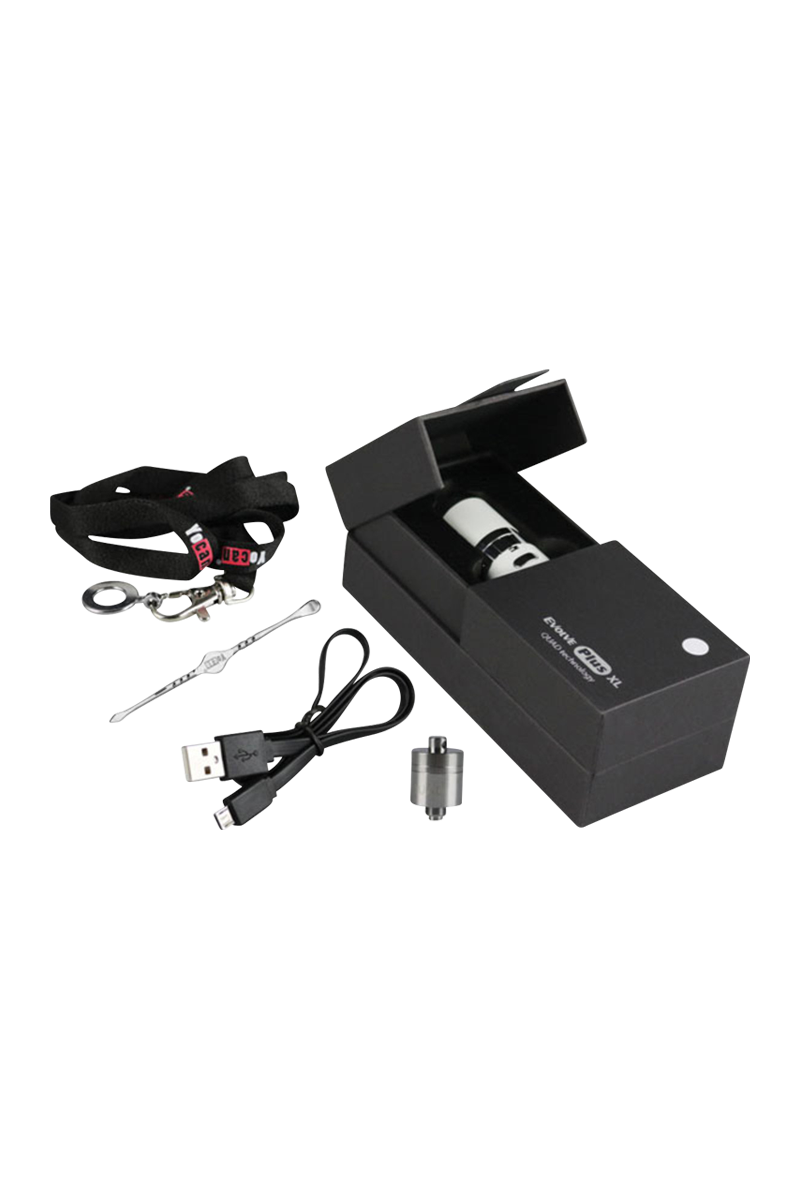 Angled top-down view of the Yocan Evolve Plus XL Vaporizer kit in a black box with the white device, USB cable, lanyard, and metal tools arranged beside it.