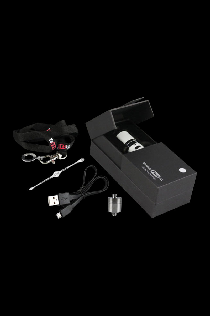 Angled view of the Yocan Evolve Plus XL Vaporizer kit in a black box with accessories laid out on a black background.