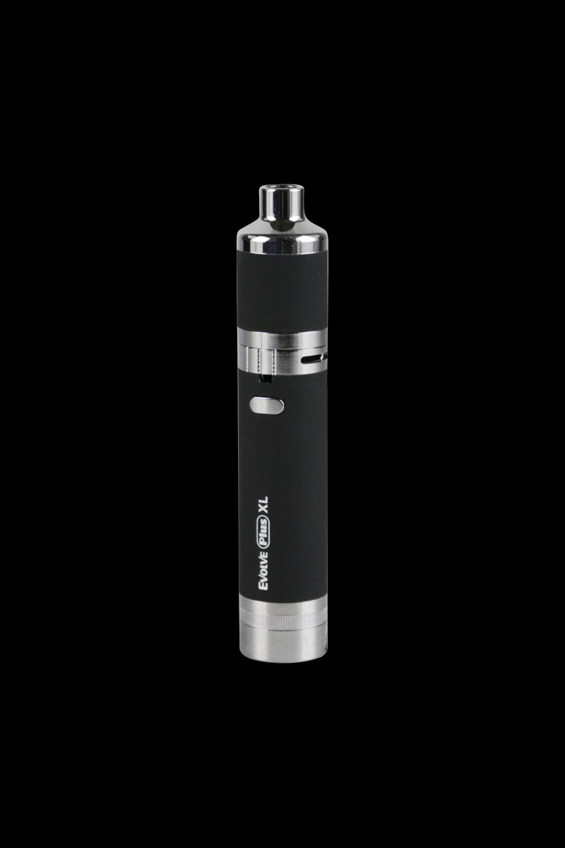 Straight-on view of a silver and black Yocan Evolve Plus XL Vaporizer standing upright against a black background, showing the mouthpiece, power button, and metal trim.