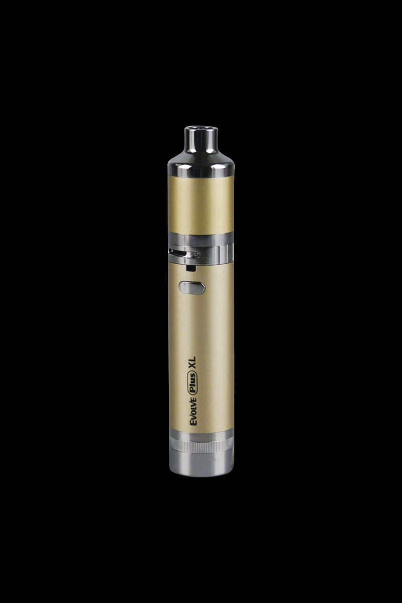 Straight-on view of a gold Yocan Evolve Plus XL vaporizer centered against a black background, showing its rounded mouthpiece, button, and printed logo.