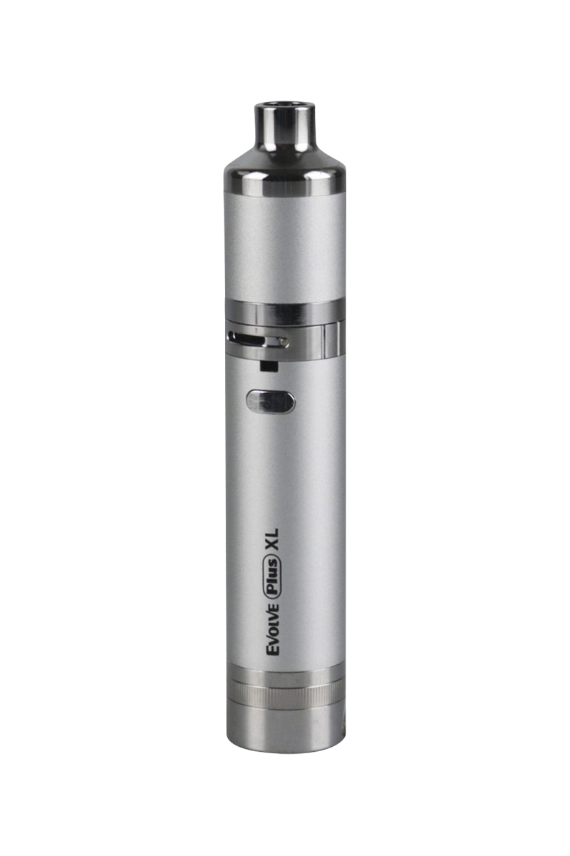 Centered front view of the silver Yocan Evolve Plus XL Vaporizer standing upright on a white background.