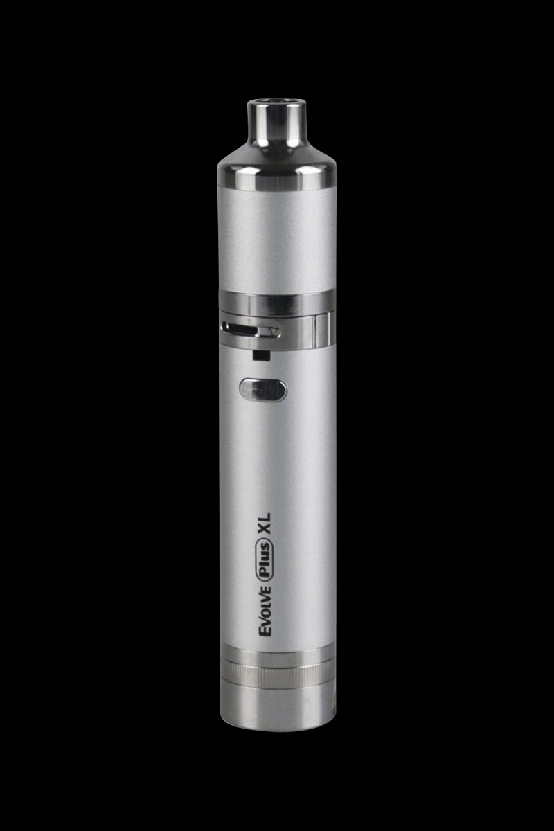Vertical studio shot of the silver Yocan Evolve Plus XL Vaporizer centered against a black background, showing its mouthpiece, airflow ring, and side button.
