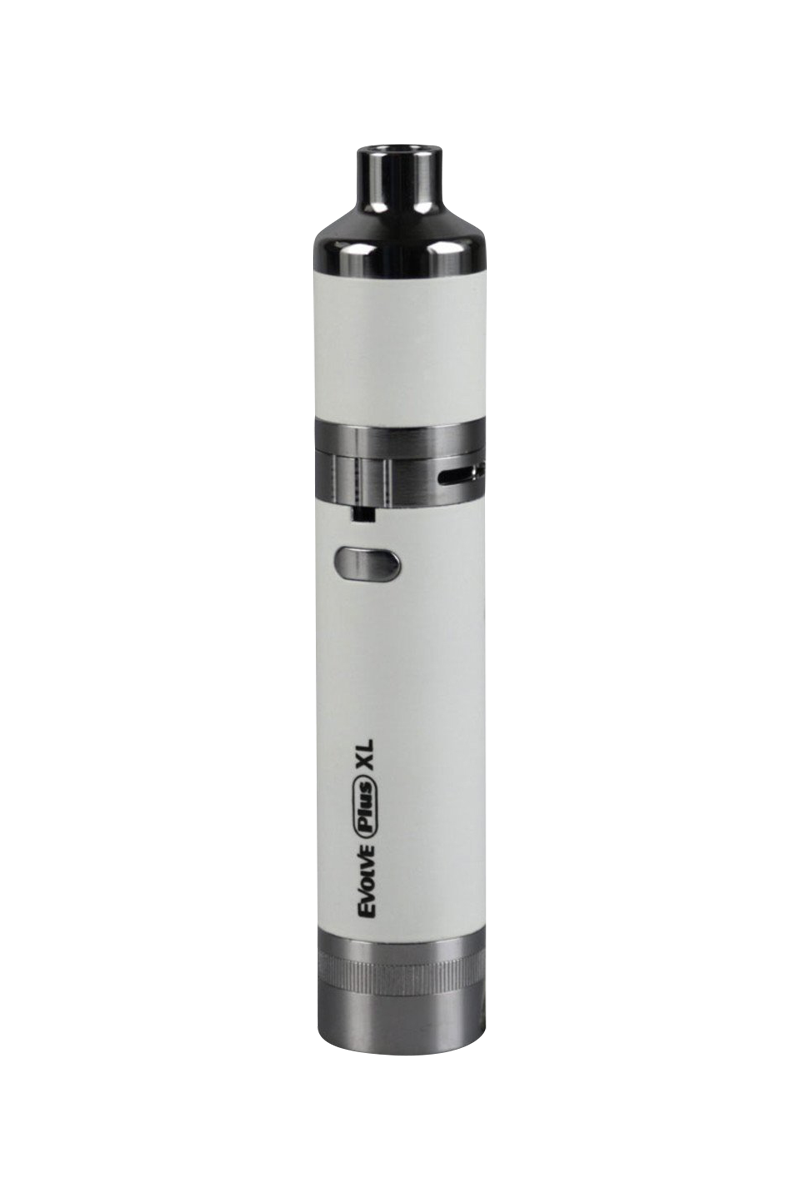 Straight-on view of the white Yocan Evolve Plus XL Vaporizer standing upright against a plain white background, showing its chrome mouthpiece and control ring.