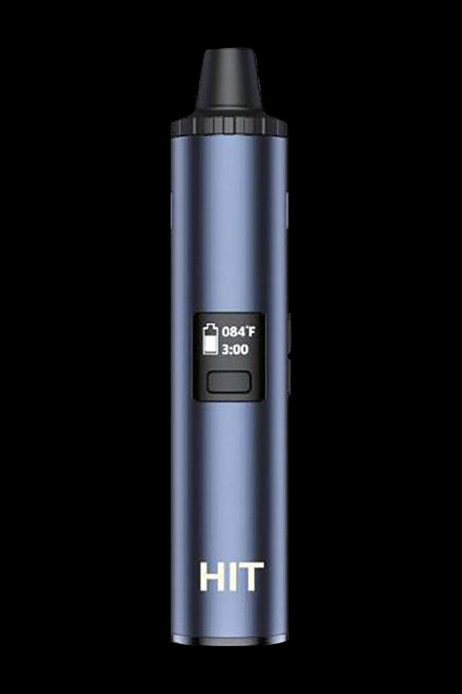 Blue cannabis vaporizer with digital temperature and timer display.