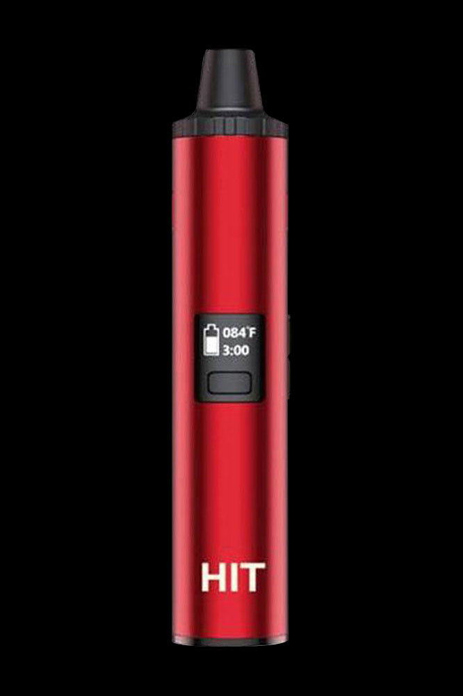 Red cannabis vaporizer pen with digital temperature and timer display.