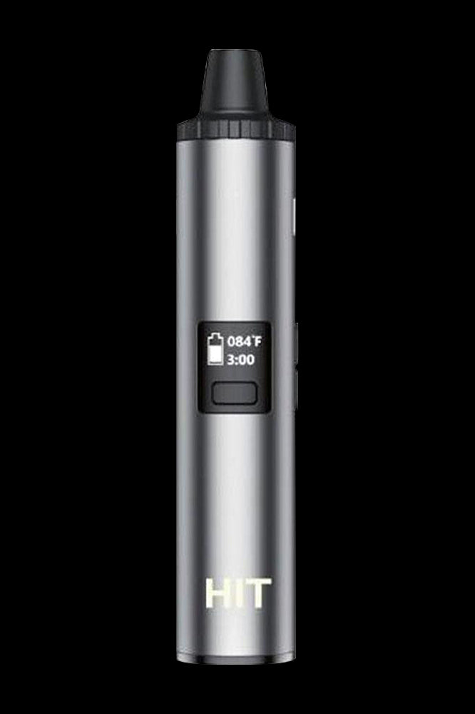 Sleek silver cannabis vaporizer pen with digital display.