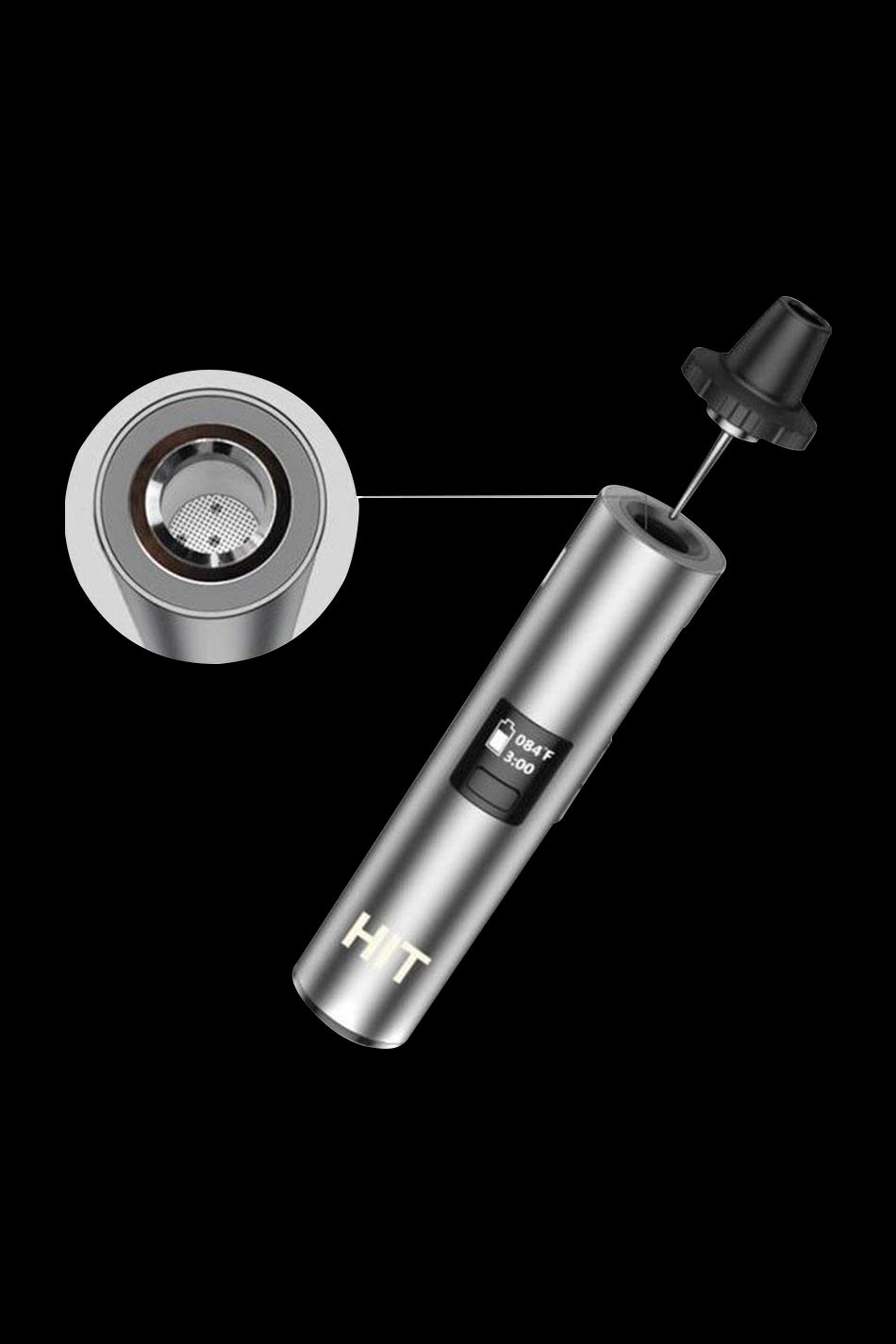 Silver cannabis vaporizer pen with digital display and removable herb chamber.