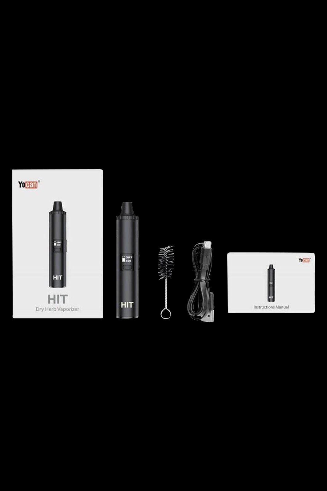 Yocan HIT dry herb vaporizer kit including device, carrying case, cleaning brush, USB charging cable, and instruction manual.