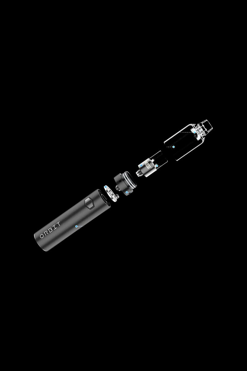 Angled exploded view of the Yocan Orbit Concentrate Vaporizer in blue showing its cylindrical body, separated internal components, and translucent mouthpiece against a black background.