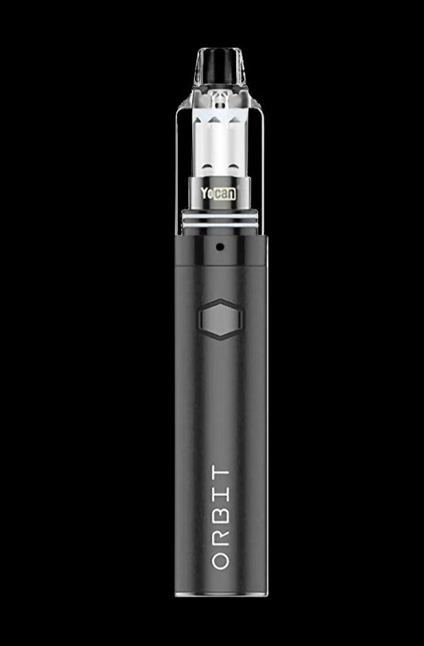 Centered front view of the Yocan Orbit Concentrate Vaporizer in red against a black background, showing its cylindrical body, clear mouthpiece, and visible "ORBIT" branding.