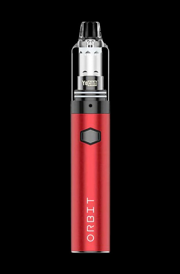 Centered front view of a red Yocan Orbit Concentrate Vaporizer against a black background, showing its clear mouthpiece, hexagonal button, and vertical "ORBIT" branding.