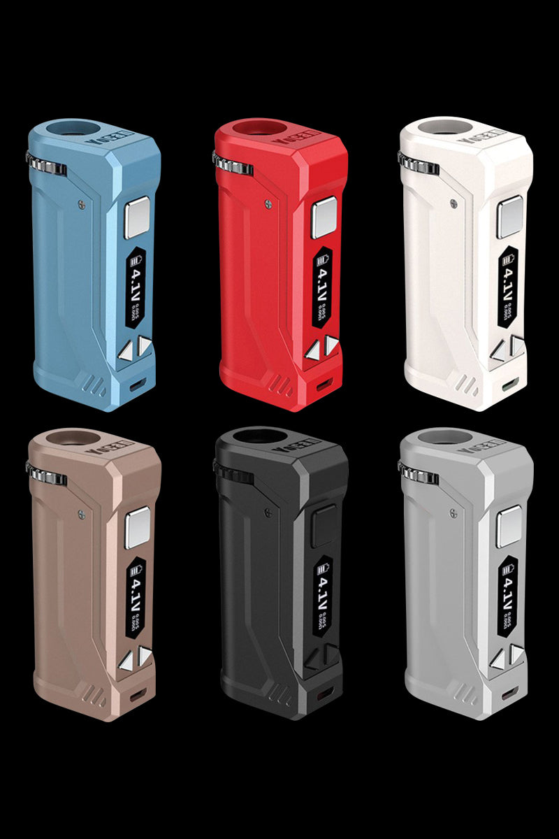 Front view of the Yocan UNI Pro Universal Vaporizer, a sleek silver device with a rounded top, set against a black background.