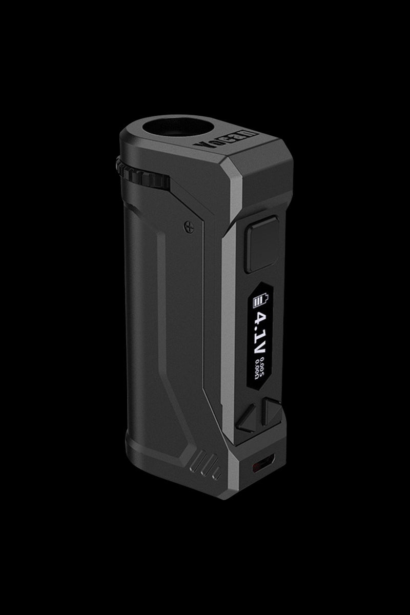 A slightly angled, close-up view of the sleek, black Yocan UNI Pro Universal Vaporizer, showcasing its modern design.