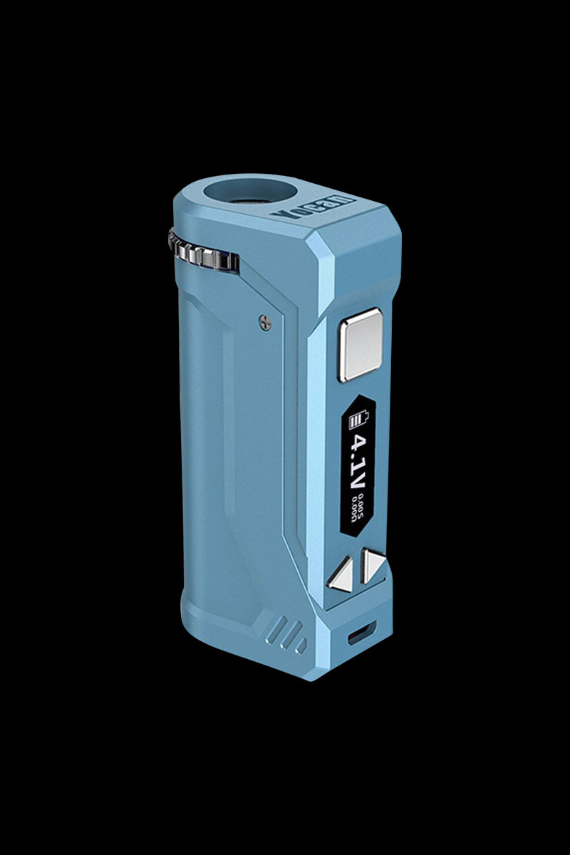 Front view of the Yocan UNI Pro Universal Vaporizer, a sleek, silver-toned device with a minimalist design against a dark background.