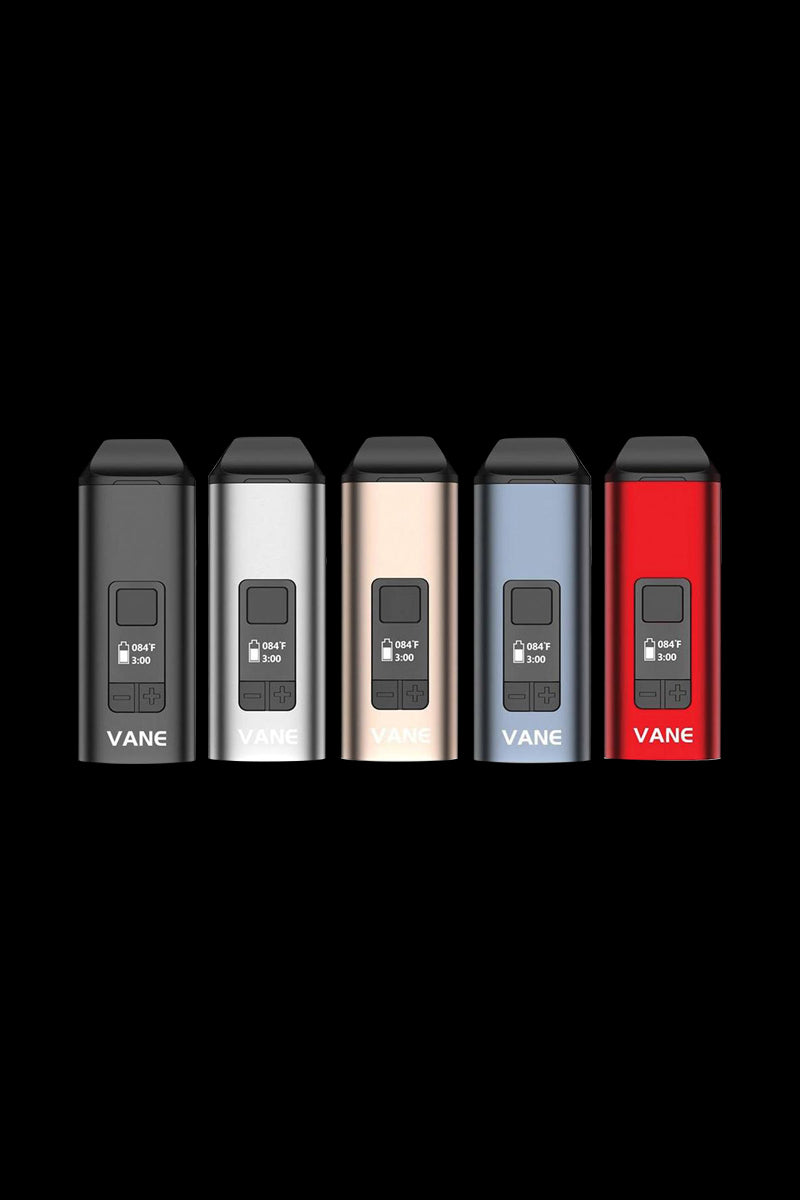 Front view of the Yocan Vane Dry Herb Vaporizer, a sleek, metallic device presented against a dark, neutral background.