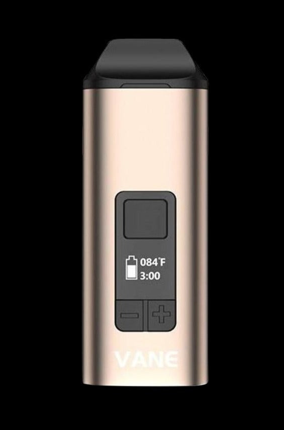 Front view of the Yocan Vane Dry Herb Vaporizer, displaying a digital temperature readout on its sleek, metallic body.
