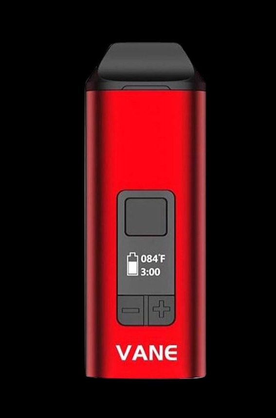 Front view of the Yocan Vane Dry Herb Vaporizer, a sleek, red device with a digital display visible on its side.