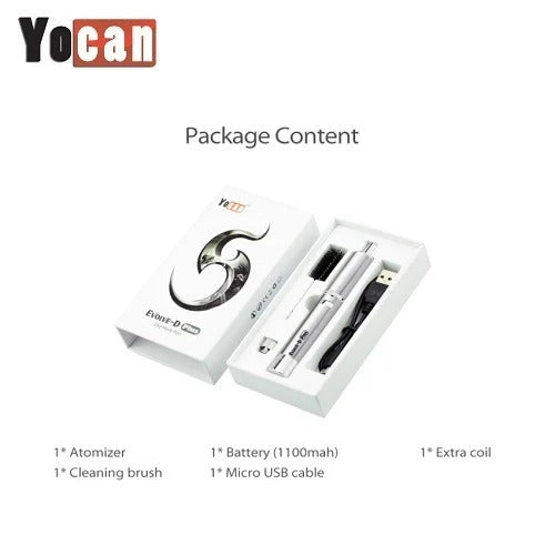 Angled top-down view of the Yocan Evolve-D Plus Dry Herb Pen Vaporizer kit laid open in white packaging showing the battery, atomizer, cleaning brush, USB cable and extra coil.