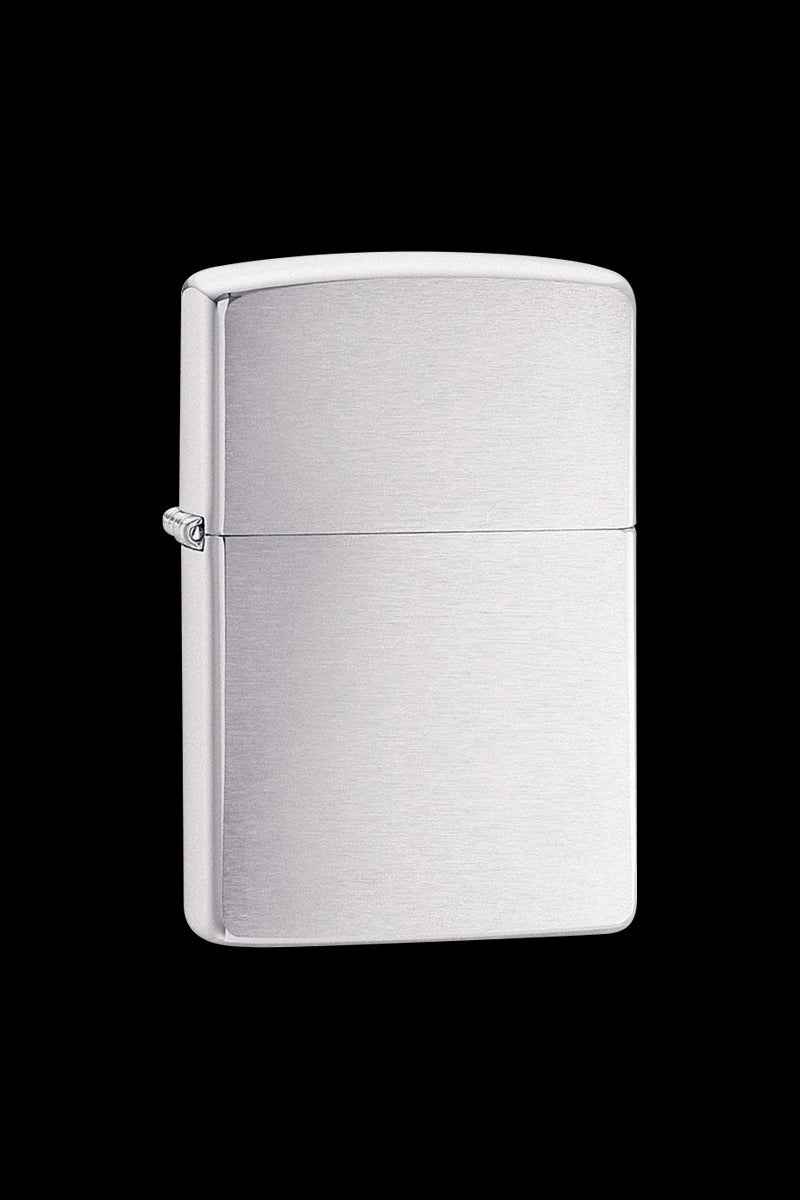 Front view of the Zippo Brushed Chrome Classic Lighter, showcasing its sleek, metallic finish and simple rectangular form.