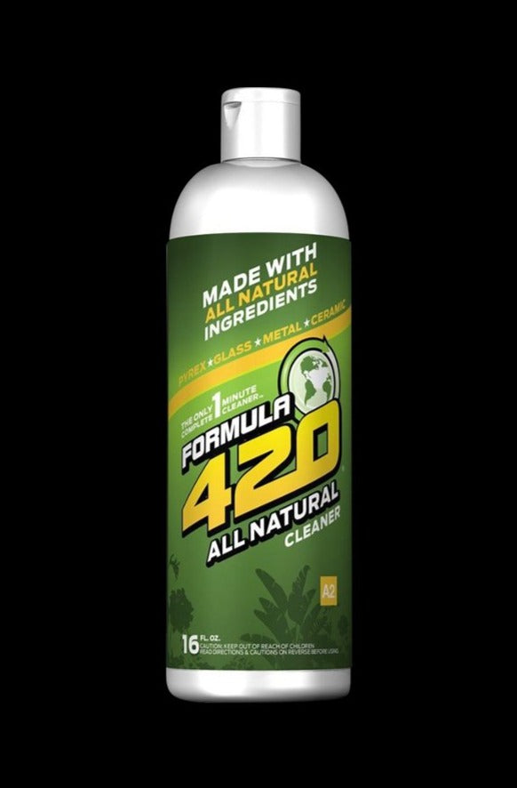 Centered front view of a green bottle labeled Formula 420 All Natural Glass Cleaner against a black background, showing the white cap and bold yellow logo.
