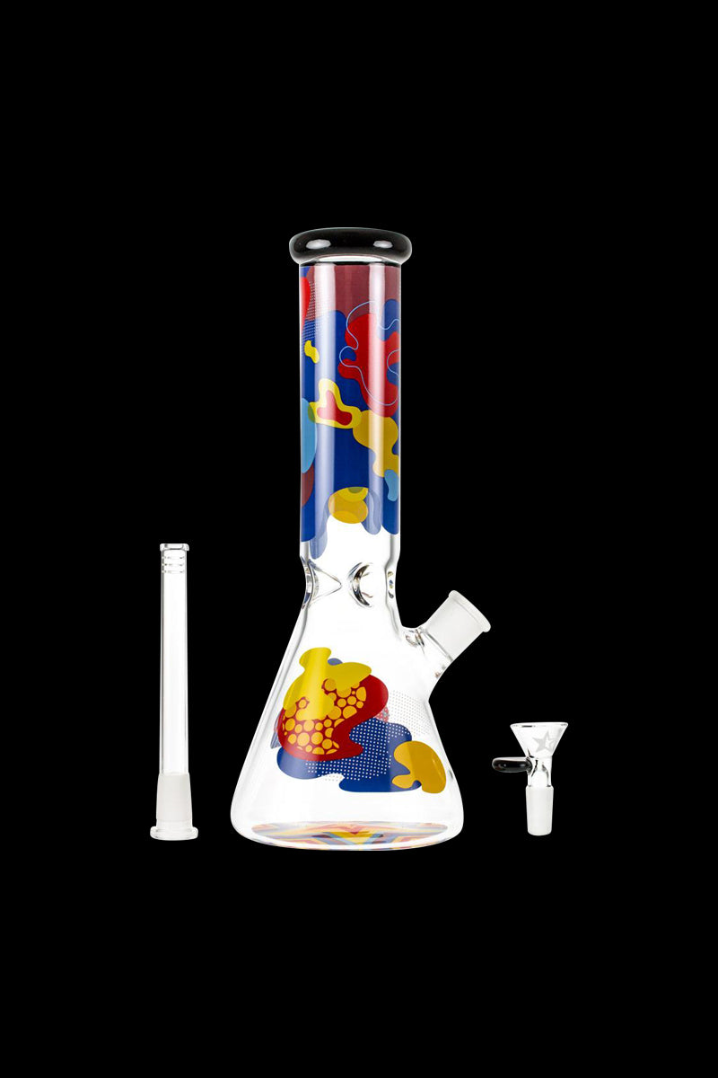 A front view of the Famous Brandz "Papaya" Glass Beaker Ice Bong, showcasing its clear glass construction and detailed orange papaya design.