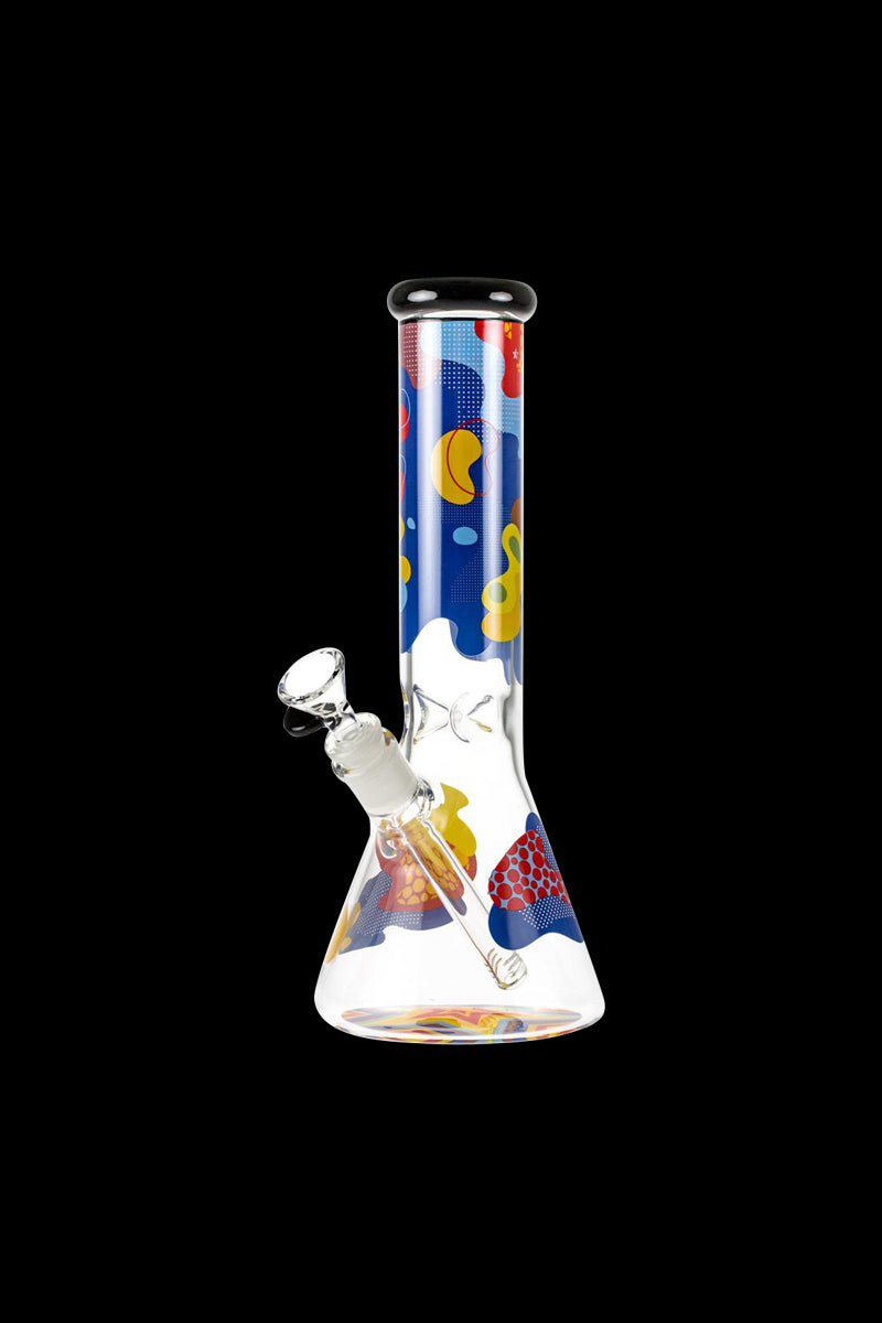 Front view of the Famous Brandz "Papaya" Glass Beaker Ice Bong, showcasing its colorful patterned glass design.
