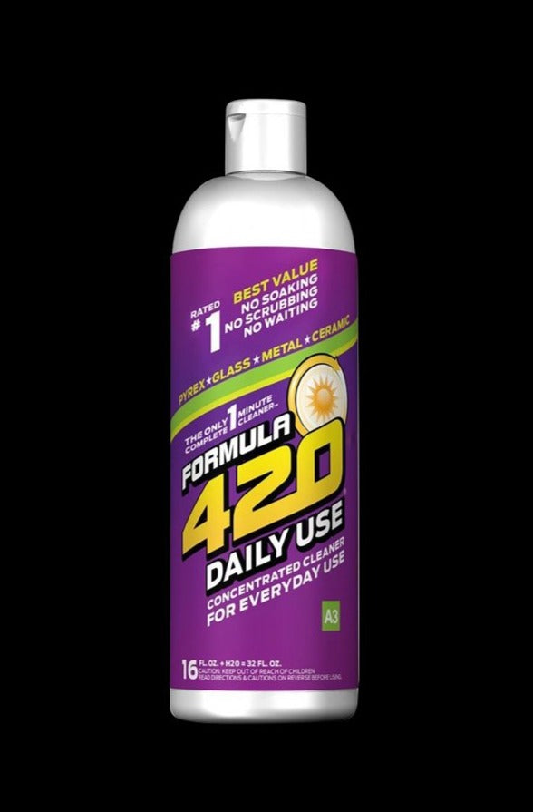 Centered front view of a purple-labeled Formula 420 Daily Use Glass Cleaner bottle against a black background, showing the cap, large yellow "420" logo, and product text.