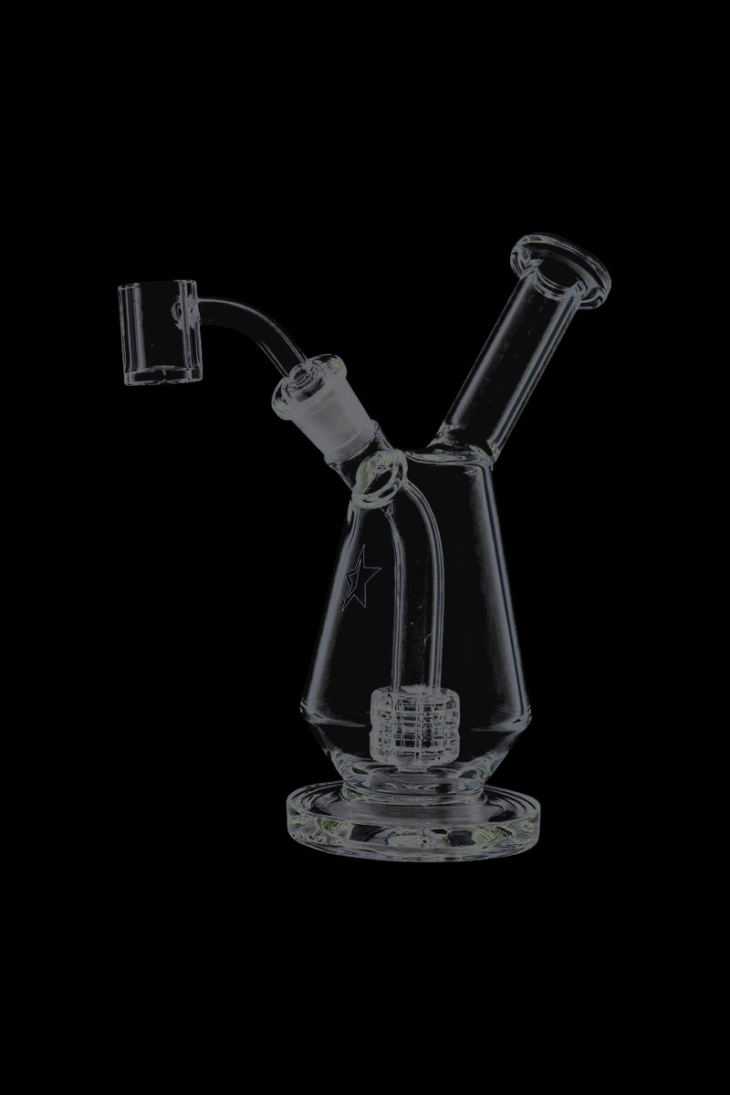 Center-lit clear glass Famous X Drip Dab Rig shown from a slightly angled front view against a black background.