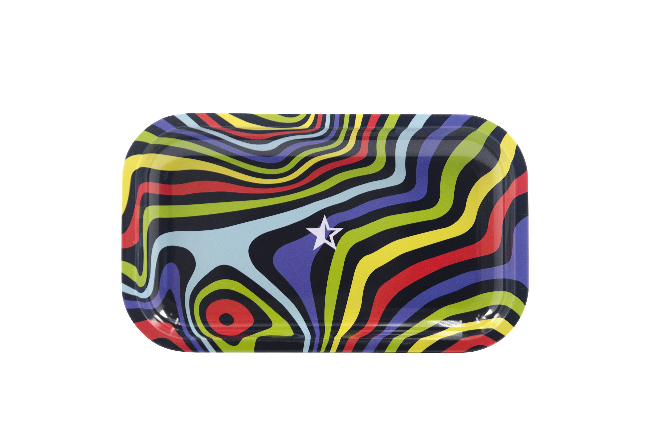 Overhead view of the Famous Brandz "Amnesia" Rolling Tray, displaying a colorful, swirling pattern on its flat surface.