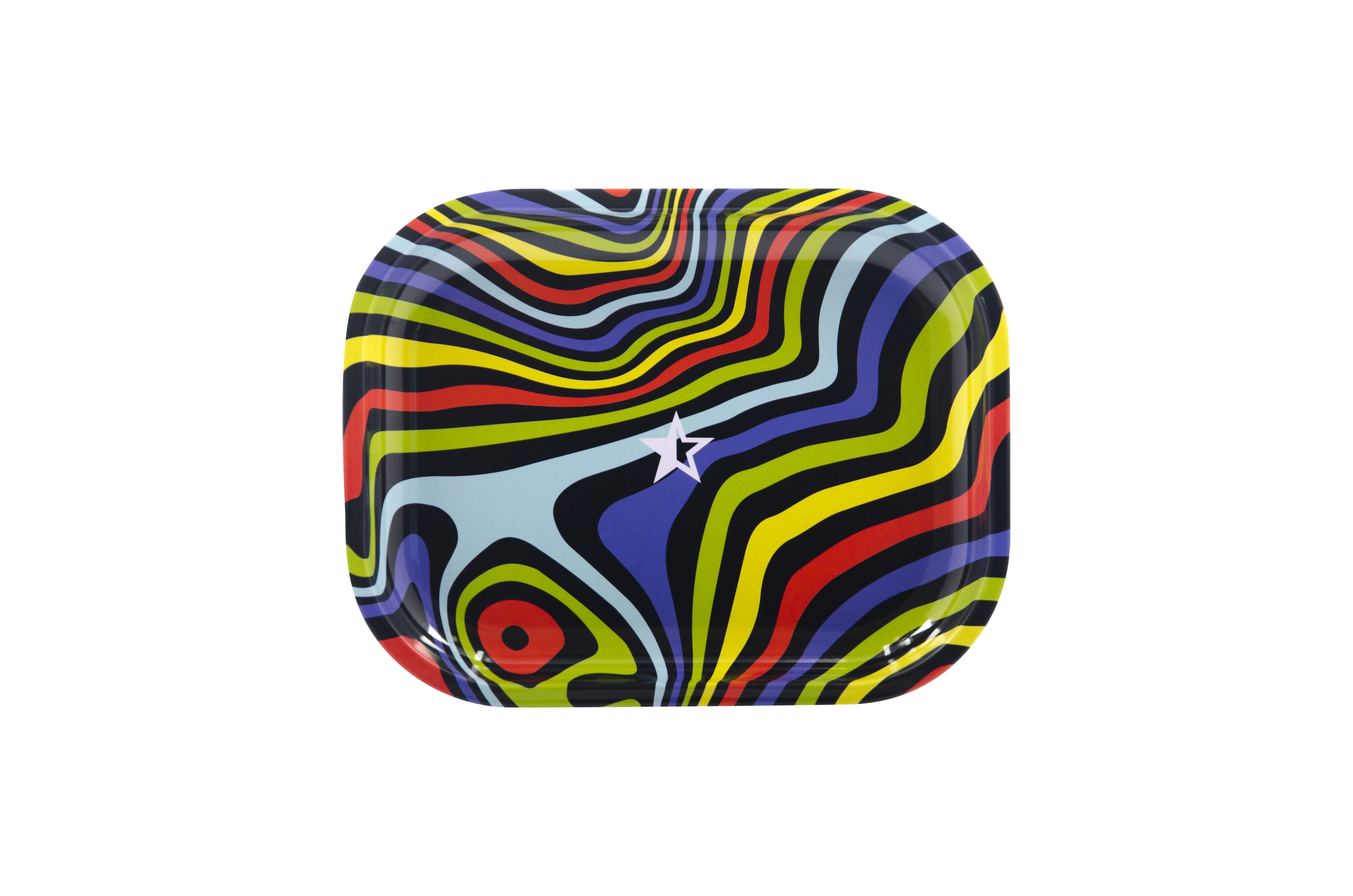 Front view of the Famous Brandz "Amnesia" Rolling Tray, displaying a swirling, colorful pattern against a solid black background.