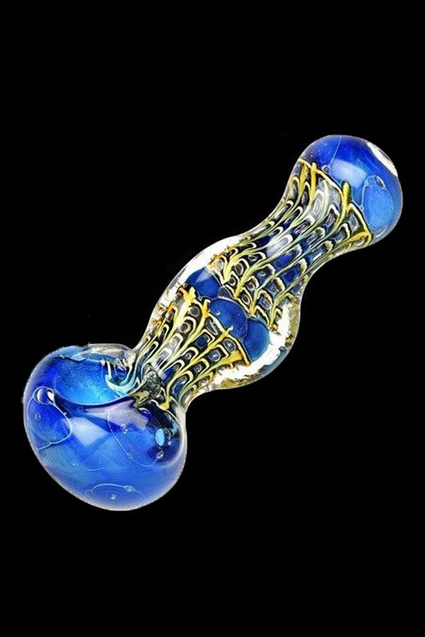 Blue glass pipe with gold filigree details.