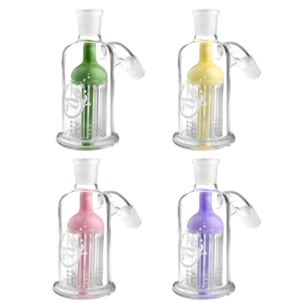 Four-quarter view of four Pulsar 8-Arm 45° Ash Catcher units arranged in a 2x2 grid, each clear glass piece shown against a white background with green, yellow, pink, and purple inner stems.