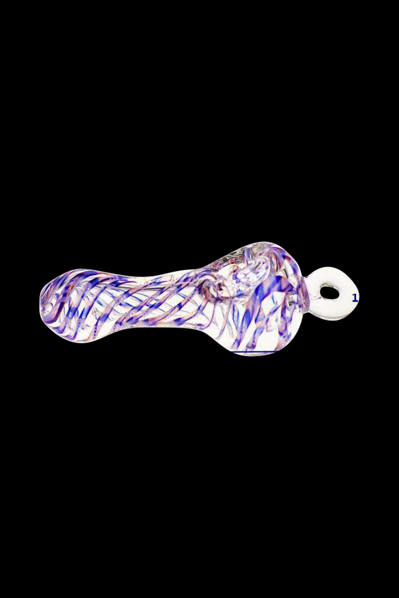 Side view of the Spiral Beast Pendant Spoon Pipe showing purple swirled glass and a clear looped pendant against a black background