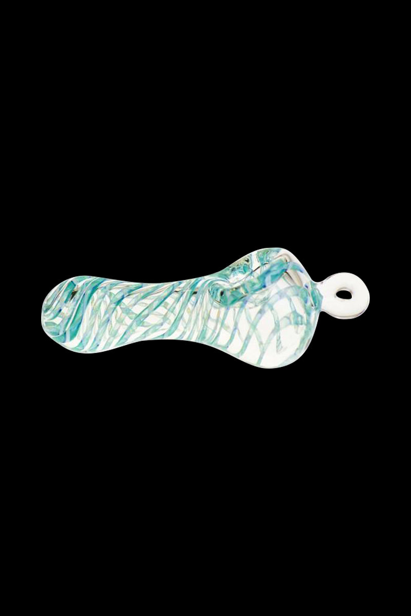 Side-on view of the Spiral Beast Pendant Spoon Pipe showing teal spiral filigree inside clear glass against a black background