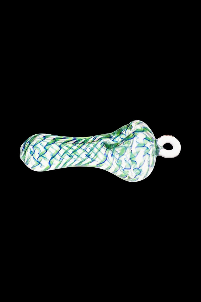 Side view of the Spiral Beast Pendant Spoon Pipe showing green and blue swirled glass with a looped pendant end against a black background