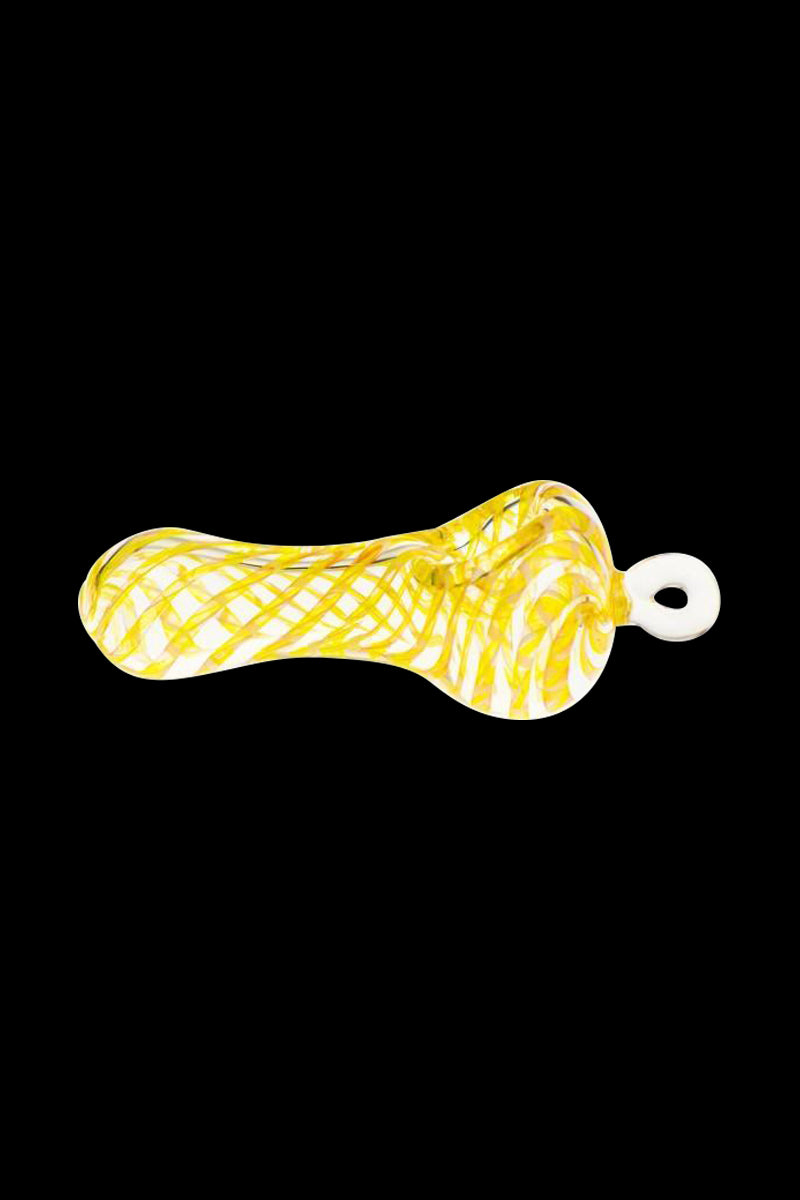 Angled top-down view of the Spiral Beast Pendant Spoon Pipe in red showing yellow-red swirled glass with a looped pendant handle against a black background